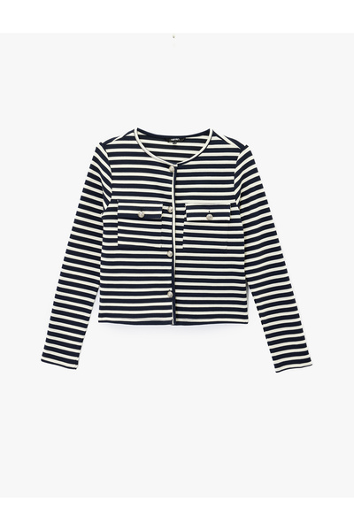 Koton Buttoned Cotton Long Sleeve Crew Neck Striped Cardigan