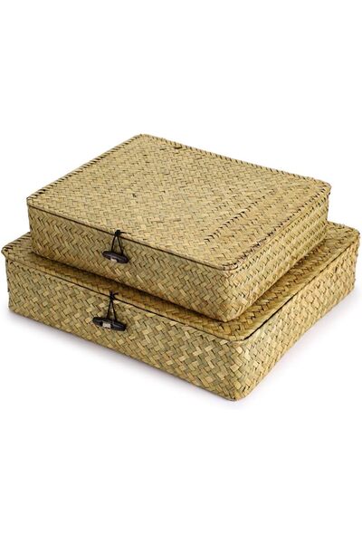 Hipiwe Set of 2 Flat Woven Seagrass Storage Bins with Lid - Natural