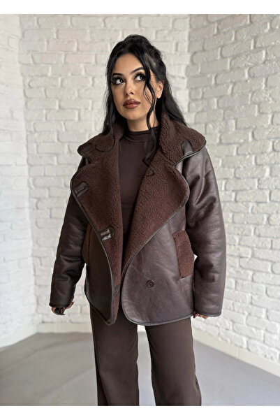 moneta boutique Women's Plush Lined O Oversized Leather Coat