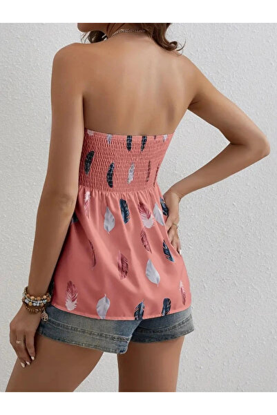 GENCULUS    Women's Leaf Patterned Mosskrept Strapless Blouse with Chest