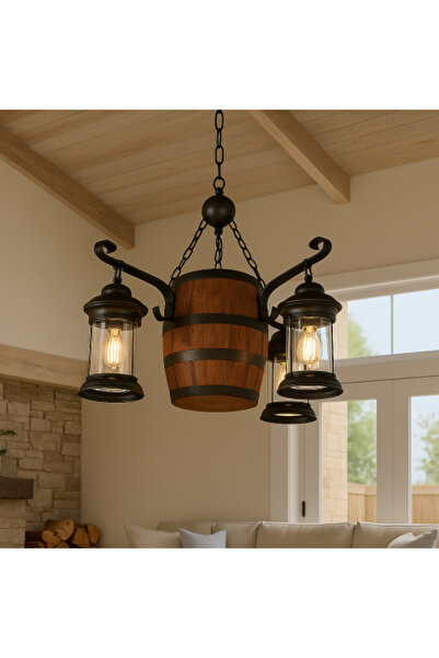genernic Triple Rustic Lantern-Style Pendant Lamp, Wooden Design – E27 Base