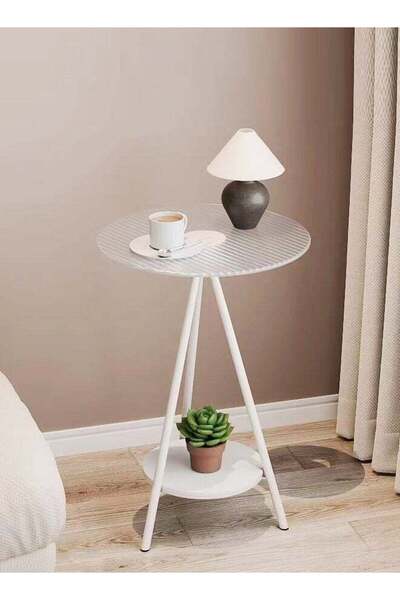 Raffine 2-Tier Round End Table with Tempered Glass Top & Metal Legs, 40x59 cm