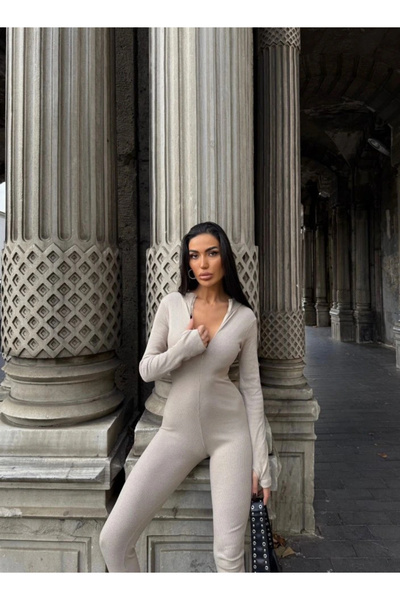 GENCULUS Woman's Ribbed Knit fabric zipper detailed jumpsuit