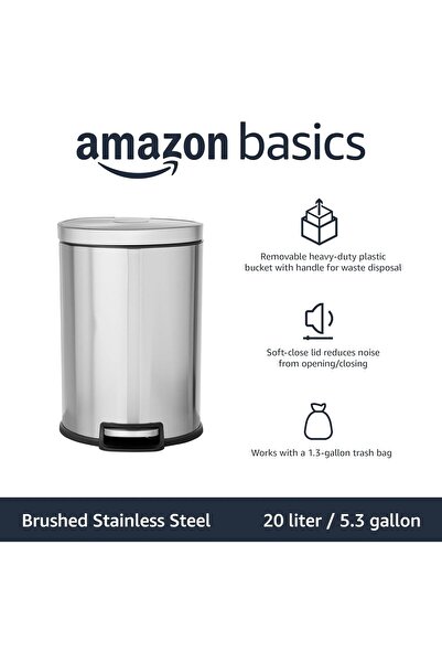 Amazon basics Round Cylindrical Trash Can with Soft-Close Foot Pedal, 20L (5.3 Gal), Brushed Stainle
