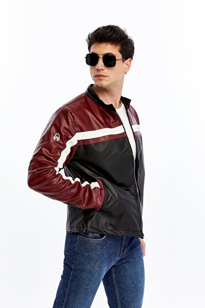 CHOS7N Men's Striped Printed Leather Jacket Zippered Coat