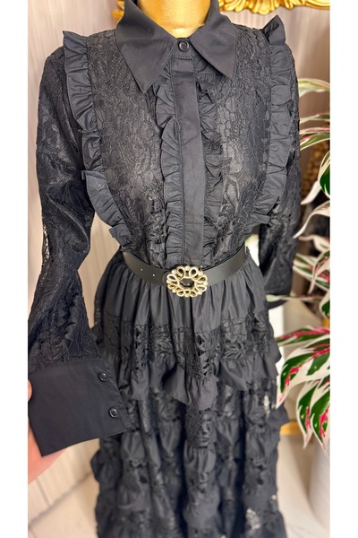 ŞEHRAZAT BUTİK Tesettür Tasarım Dantel Detaylı Siyah Elbise