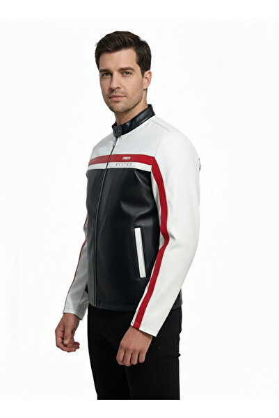 CHOS7N Jachetă din piele cu dungi cu imprimeu pentru bărbați, cu fermoar