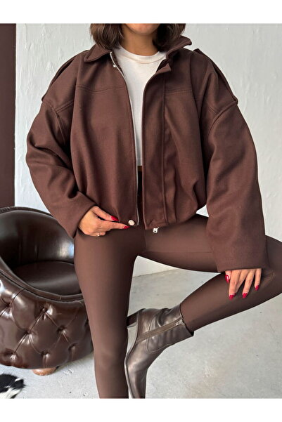 VELZANA Brown Bomber Short Cashmere Coat Jacket