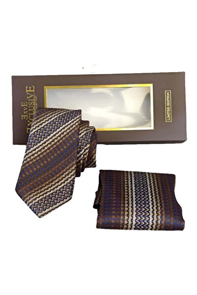 Exve Exclusive Brown Beige Blue Ethnic Geometric Patterned Tie and Handkerchief Set with Gift Box