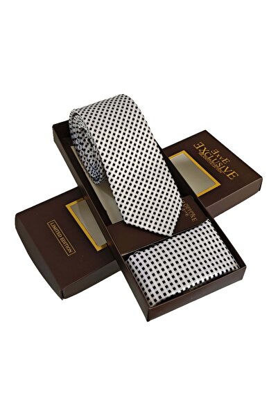 Exve Exclusive White and Black Lattice Knitted Patterned Soft Tie and Handkerchief Set with Gift Box