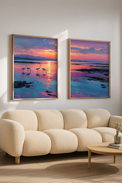 STARYUNA Wooden Framed Double Painting Set with Sunset and Flamingo View Yuna443