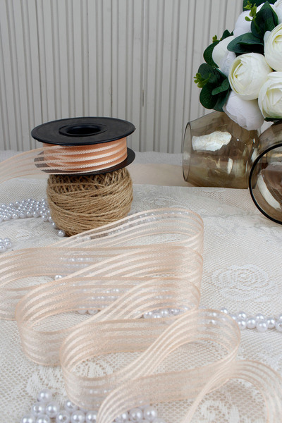 Mortex Salmon Hilton Striped Chiffon Ribbon 2.5 cm 20 m - Gift Packaging, Wedding, Engagement, Dowry, Present, Decoration, Party