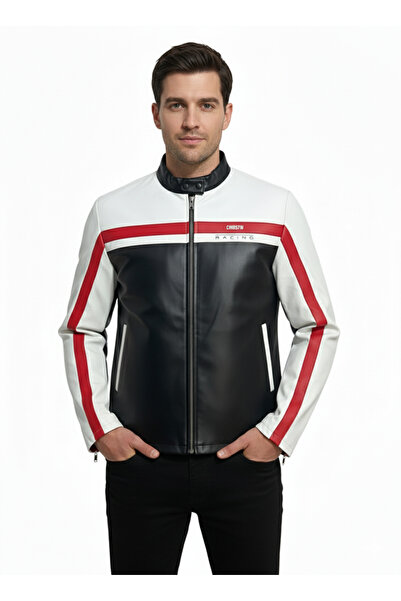 CHOS7N Jachetă din piele cu dungi cu imprimeu pentru bărbați, cu fermoar