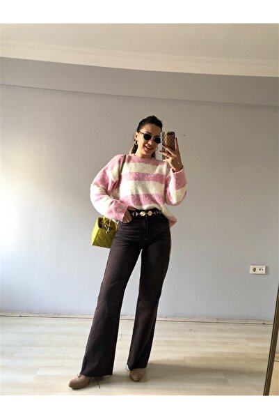 Gözde Tasarım Butik Women's Brown Stone-Washed High Waist Loose Palazzo Jeans Denim Pants