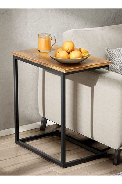 Raffine C Shaped Couch Laptop End Side Table with Wood Top & Metal Frame