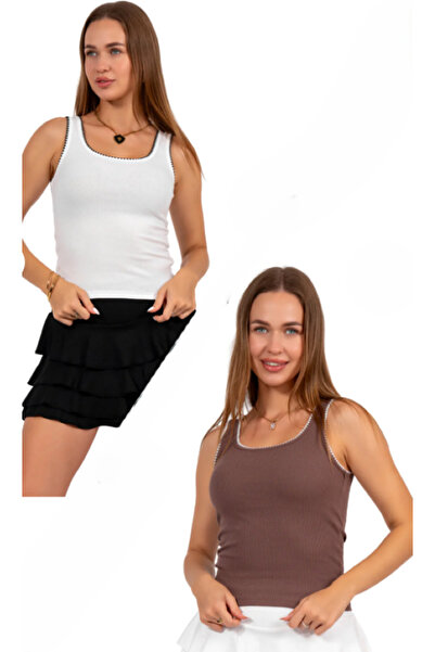 ALCİNOUS 2-Piece White/Brown Embroidered Detail 100% Cotton Thick Strap Tank Top