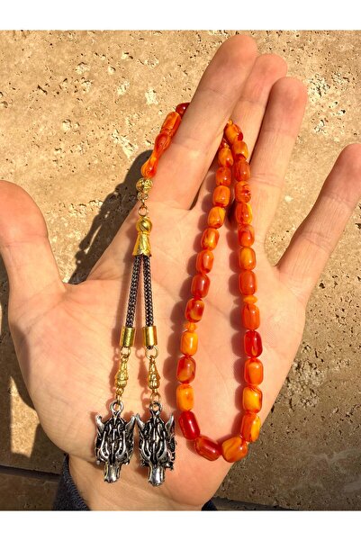 A-STİL TAKI Double Wolf Tassel Ankle Length Natural Beirut Special Amber Prayer Beads