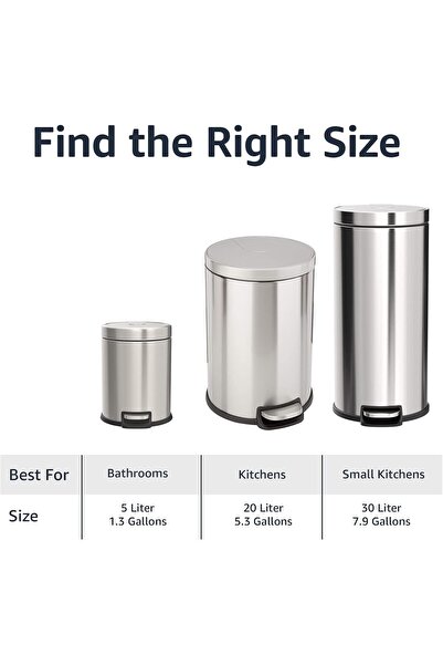 Amazon basics Round Cylindrical Trash Can with Soft-Close Foot Pedal, 20L (5.3 Gal), Brushed Stainle