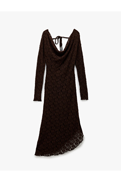 Koton Back Detailed Degaje Collar Long Sleeve Asymmetrical Midi Lace Dress