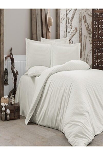 vionetta Cotton Satin Cream Single Duvet Cover Set with Elastic Sheets