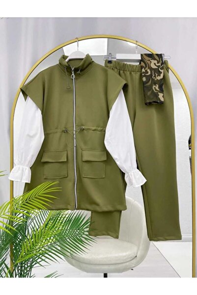 MODA VEDAT Drawstring Waist Mock Neck Scuba Vest Set Set (Vest-Trousers 2 Pieces Are Sent)