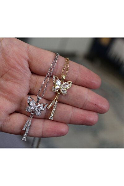 Kudi Zirkon taşlı kelebek Motifli gold renk Kolye