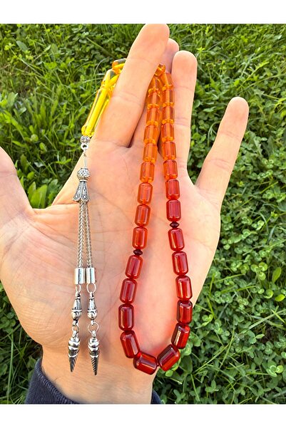 A-STİL TAKI Double Silver Plated Tassel Fire Amber Rosary Bracelet
