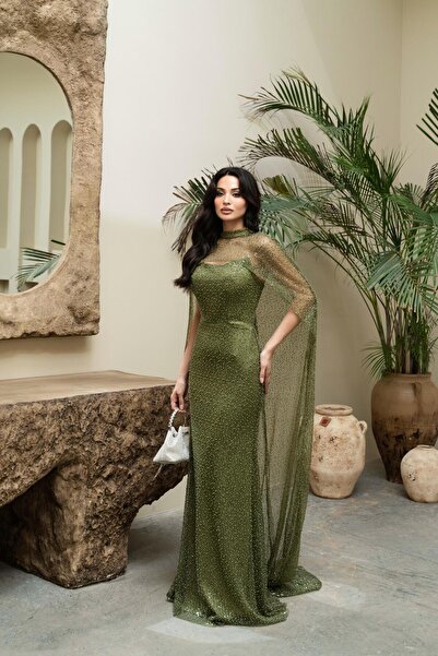 Serica Moda Khaki Strapless Beading Cape Evening Dress