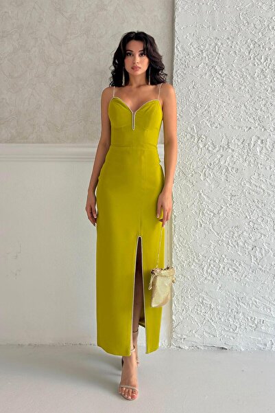 Serica Moda Večernja haljina midi dužine sa zelenim kamenim remenom Sa prorezom