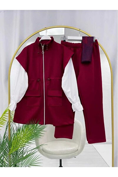 MODA VEDAT Drawstring Waist Mock Neck Scuba Vest Set Set (Vest-Trousers 2 Pieces Are Sent)