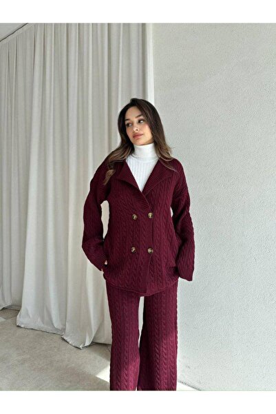 Narstorm Women's Braided Burgundy Knitwear Buttoned Jacket Set