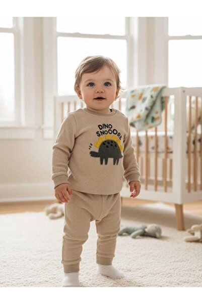 Zekids Baby Boy Cotton Textured Fabric Dinosaur Tracksuit Set