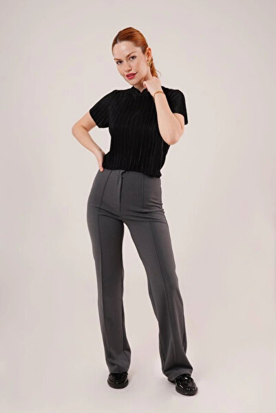 GENCULUS Ribbed Short Sleeve Shiny Black Blouse