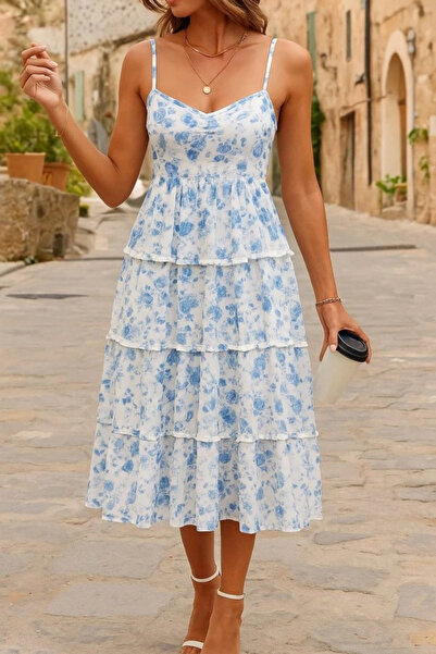 GENCULUS Women's Zero Sleeve Strap Low-Cut Slit Detail Floral Printed Single Jersey Midi Dress