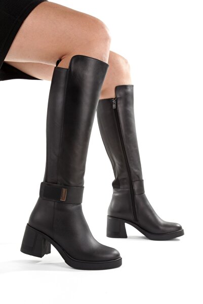 Modabuymus Black Genuine Leather Elastic Thick Heel Women's Boots Sun444