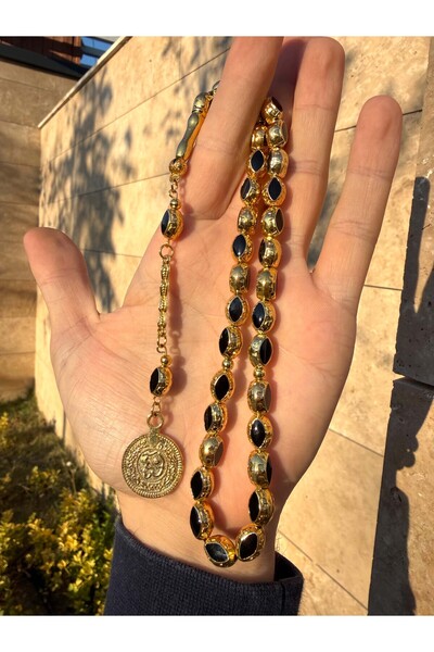 A-STİL TAKI Pure Gold Plated Special Black Enamel Heavy Metal Prayer Beads