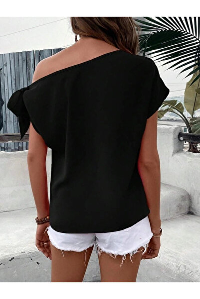 GENCULUS Women's One Shoulder Open Sleeve Tie Janjan Crepe Blouse