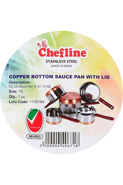 Chefline Copper Saucepan with Lid, Size 10, Stainless Steel