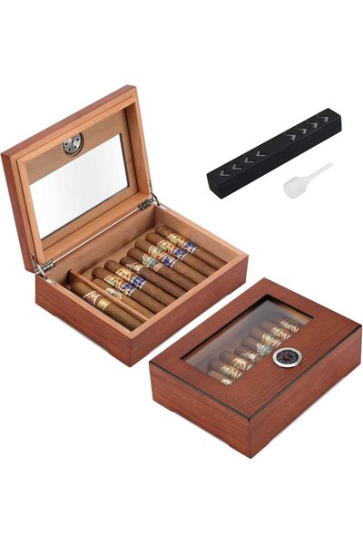 Generic TISFA Cigar Humidor, Glass Top Cedar Desktop Box with Hygrometer, Humidifier and Divider (Holds 20-3