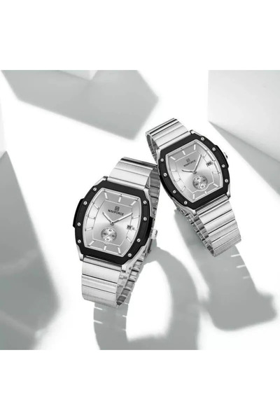 Naviforce Classic Barrel Shape Dial Chronograph Date Display Watch For Couple – Silver