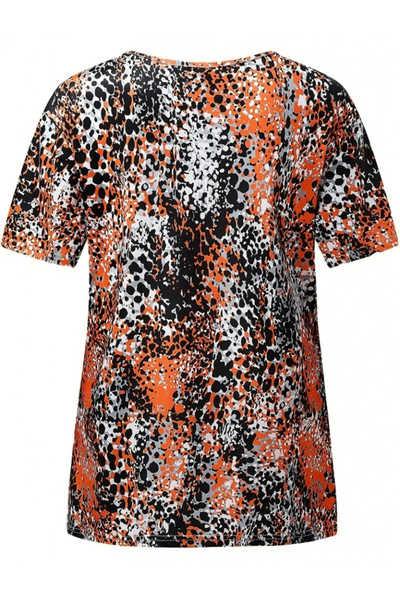 GENCULUS Women's V-Neck Colorful Leopard Pattern Gather Detail Single Jersey Blouse