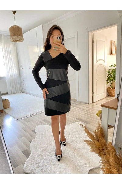 GENCULUS Women's Long Sleeve Asymmetrical Lapel Suede And Leather Mini Size Dress