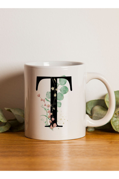 LOWHA 11 oz Ceramic Mug with Letter T Design on Both Sides