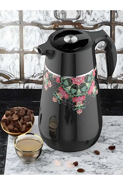 Rivan Black Decorative Dallah with Luxury Floral Design – 1 L
