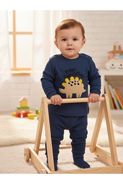 Zekids Baby Boy Cotton Textured Fabric Dinosaur Tracksuit Set