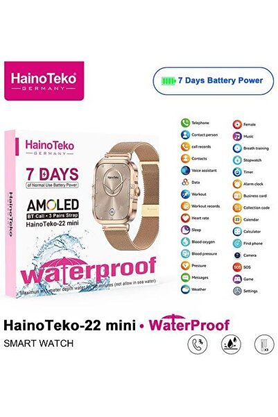 HAINOTEKO Waterproof Smartwatch Gold with 3 Straps (22 Mini)