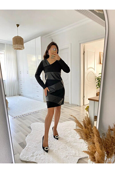 GENCULUS Women's Long Sleeve Asymmetrical Lapel Suede And Leather Mini Size Dress