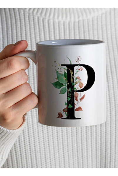 LOWHA 11 oz Ceramic Mug with Letter P Design on Both Sides