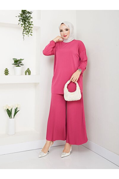 MÇmoda Women's Pleated Pants and Top Combination Sandy Summer Set Fuchsia