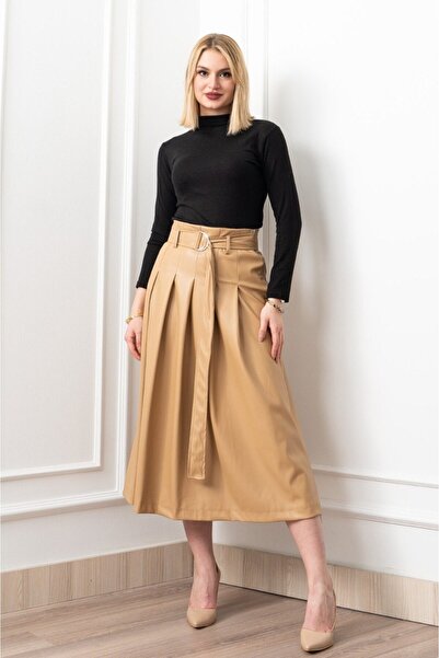 GİYSİ DÜNYASI 57 Suny Leather Fabric Side Zipper Slit Detail Long Skirt